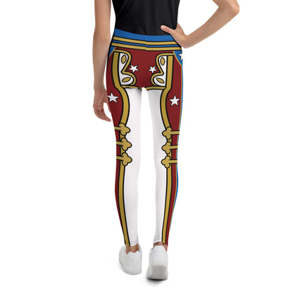 Fun American pro wrestling inspired leggings for youth and teenager in white with red and gold military design. mid-rise elasticated waistband and ankle length legs. Gender neutral fit.