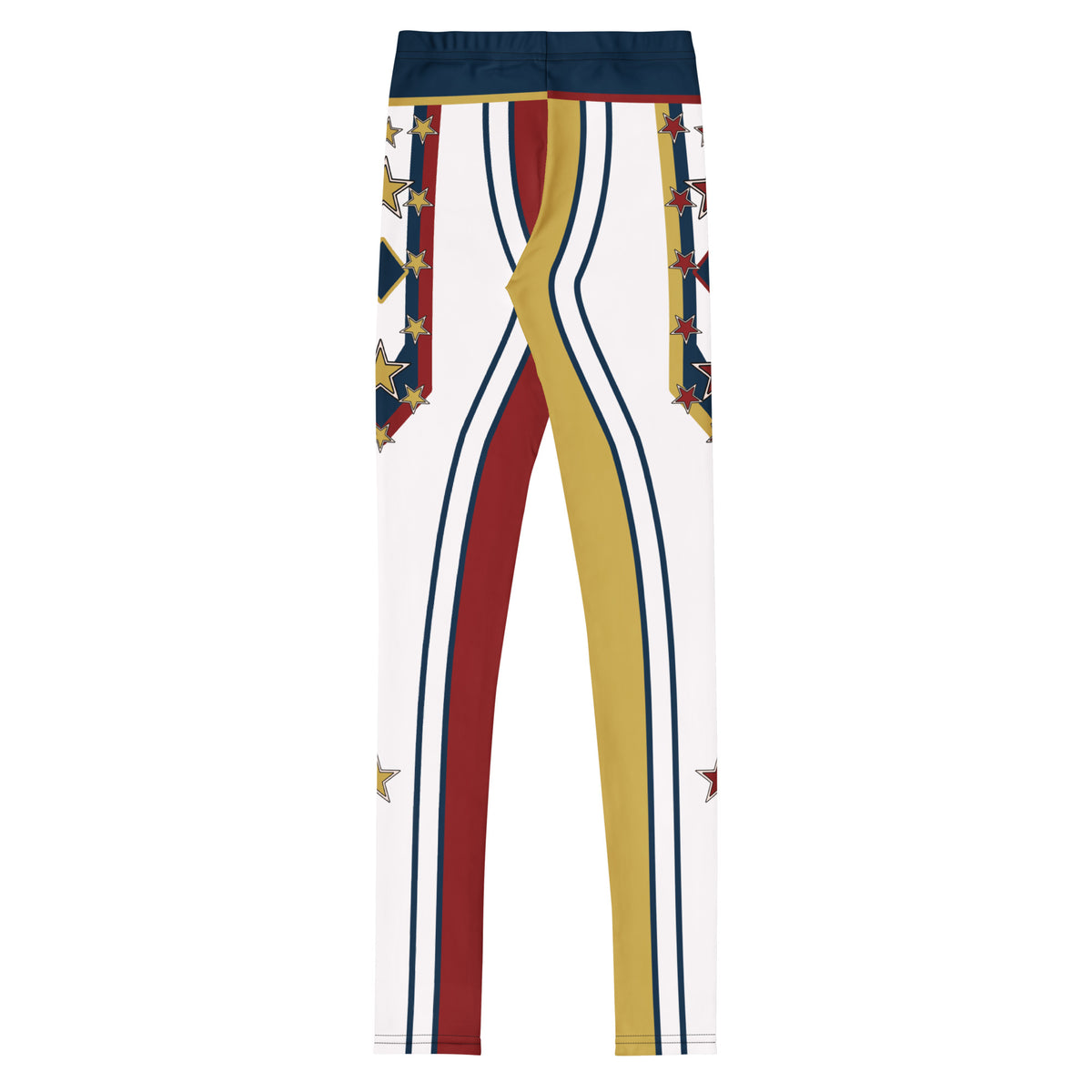 Back of the Drum Major youth leggings - white with gold and crimson legs, navy pinstripes and a navy waistband