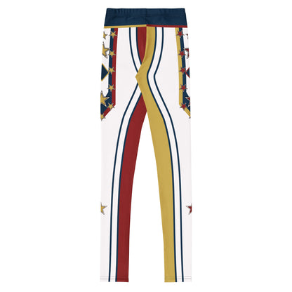 Back of the Drum Major youth leggings - white with gold and crimson legs, navy pinstripes and a navy waistband