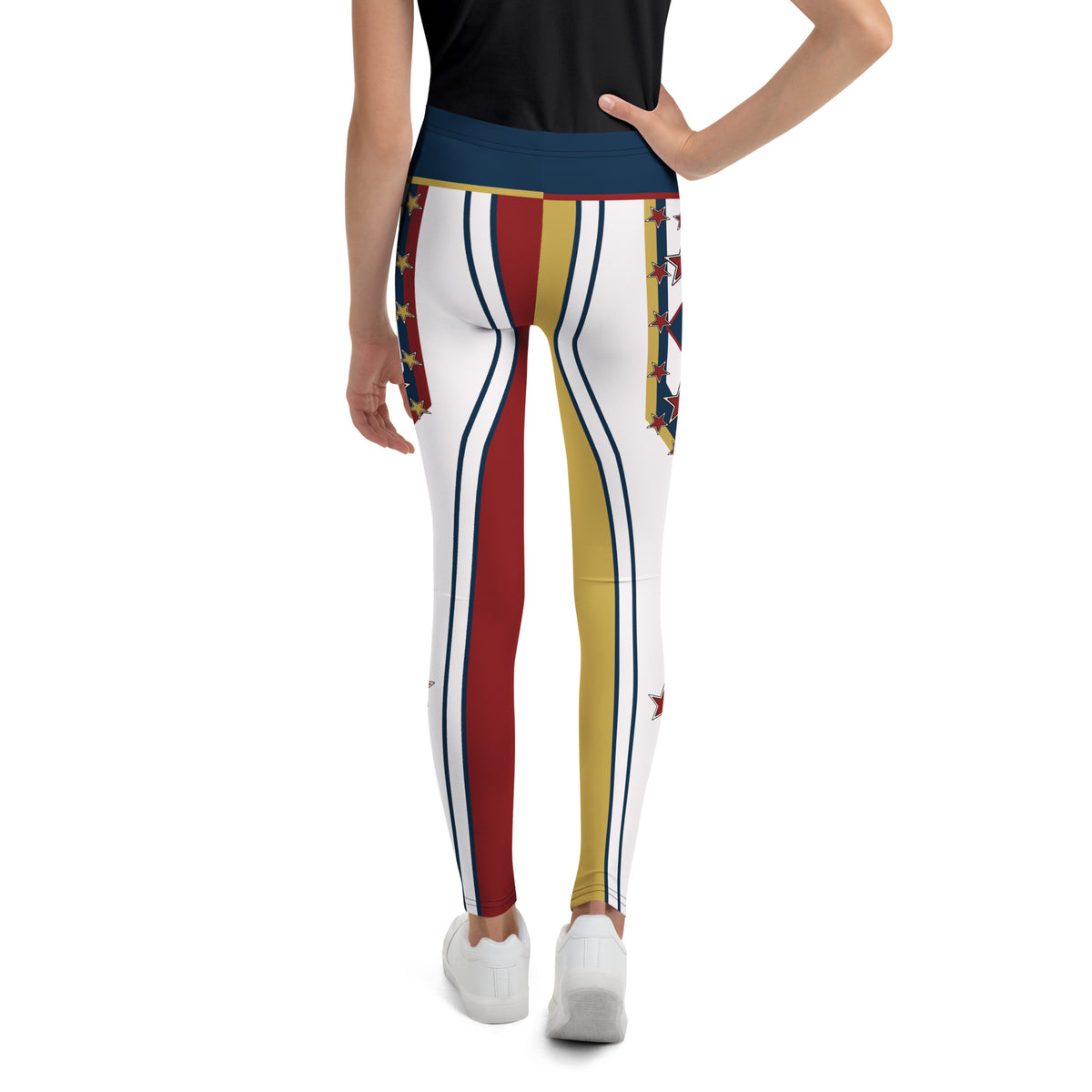 Young wearer in the Drum Major youth wrestling leggings, back view