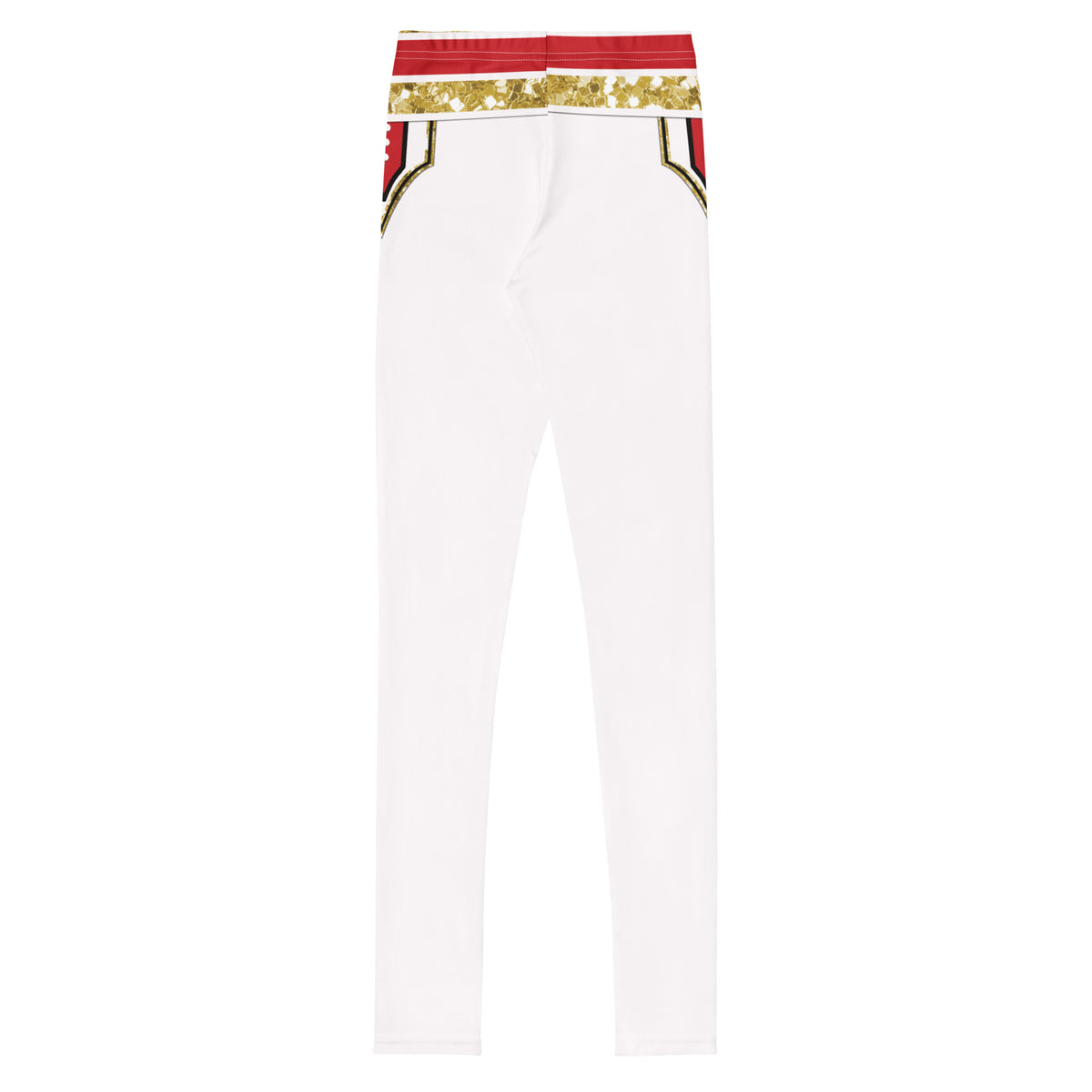 Youth White Circus wrestling leggings, back - plain white with red and gold waistband