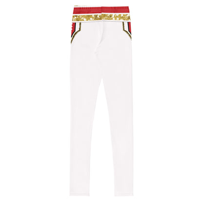Youth White Circus wrestling leggings, back - plain white with red and gold waistband