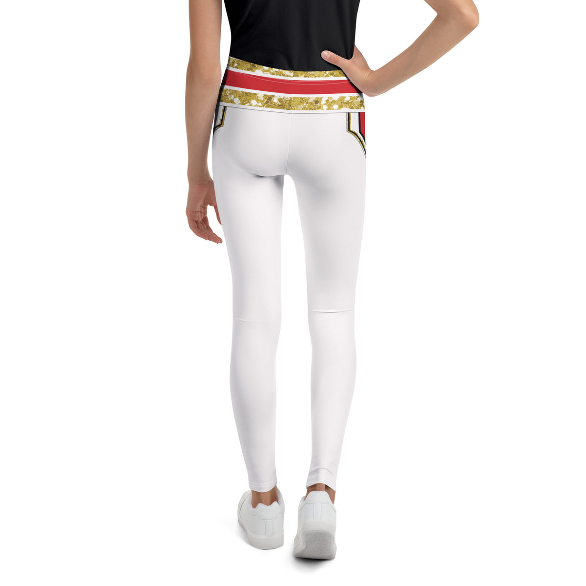 Youth White Circus wrestling leggings, back, worn