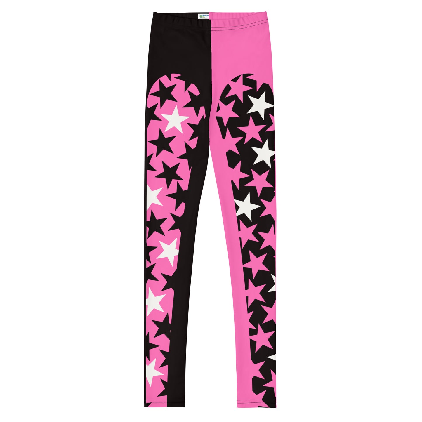 Youth and teen leggings in hot pink and black with matching stars insets down the front and occasional white stars.  Pro wrestling tights for teenagers and dancers. BJJ spats for kids in retro 80s style.