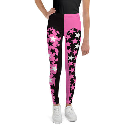 Youth and teen leggings in hot pink and black with matching stars. Pro wrestling tights for teenagers and dancers. BJJ spats for kids in retro 80s style.