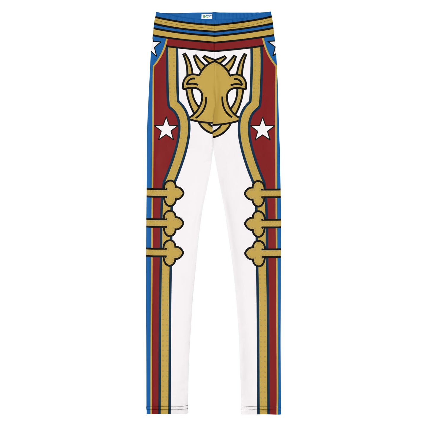 Fun American pro wrestling inspired leggings for youth and teenager in white with red and gold military design. mid-rise elasticated waistband and ankle length legs. Gender neutral fit.