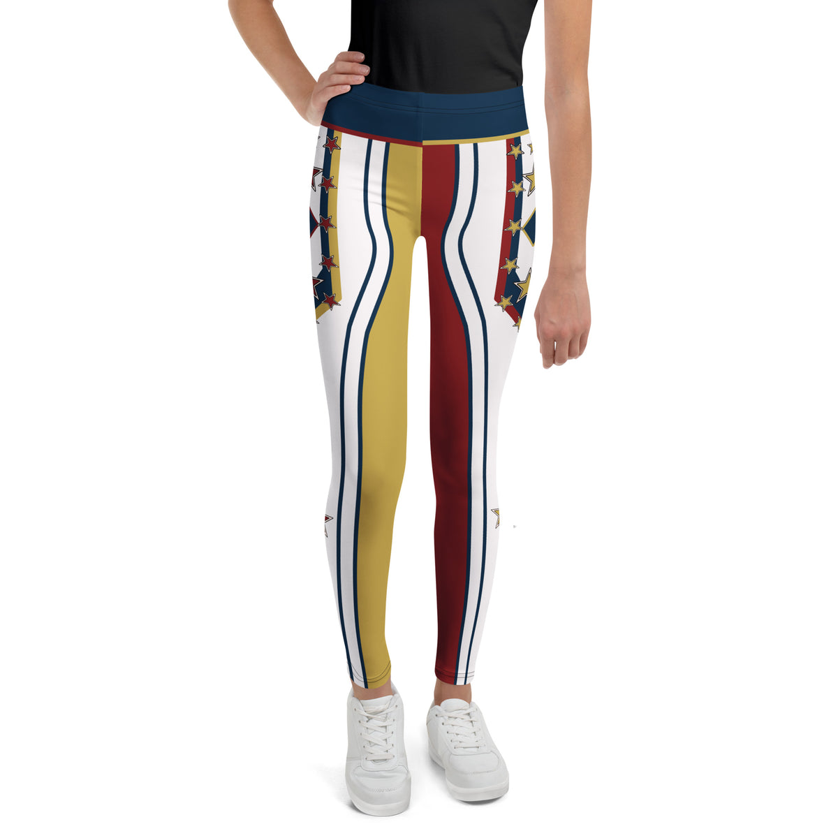 Young wearer in youth wrestling costume leggings with one gold and one crimson leg and star-studded hip panels - Drum Major design, BillingtonPix