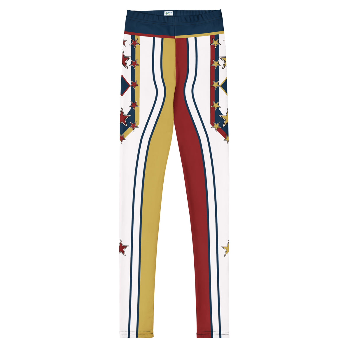 Front of the Drum Major youth leggings - crimson and gold split legs with star and diamond side panels