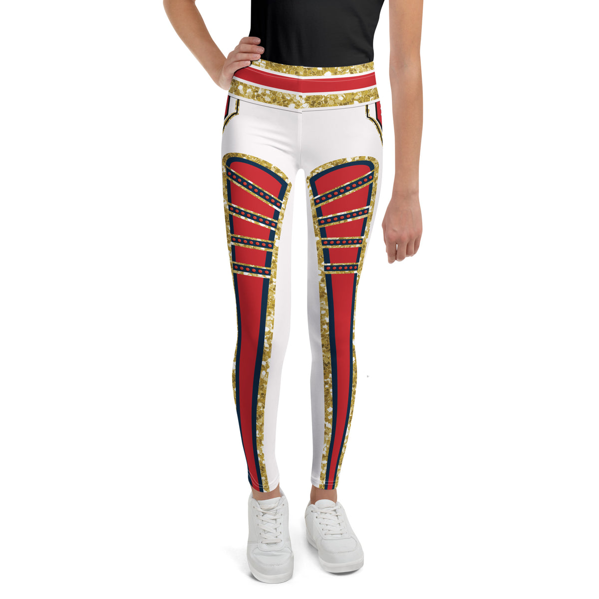 Youth White Circus wrestling leggings in red, gold and white, front, worn - BillingtonPix
