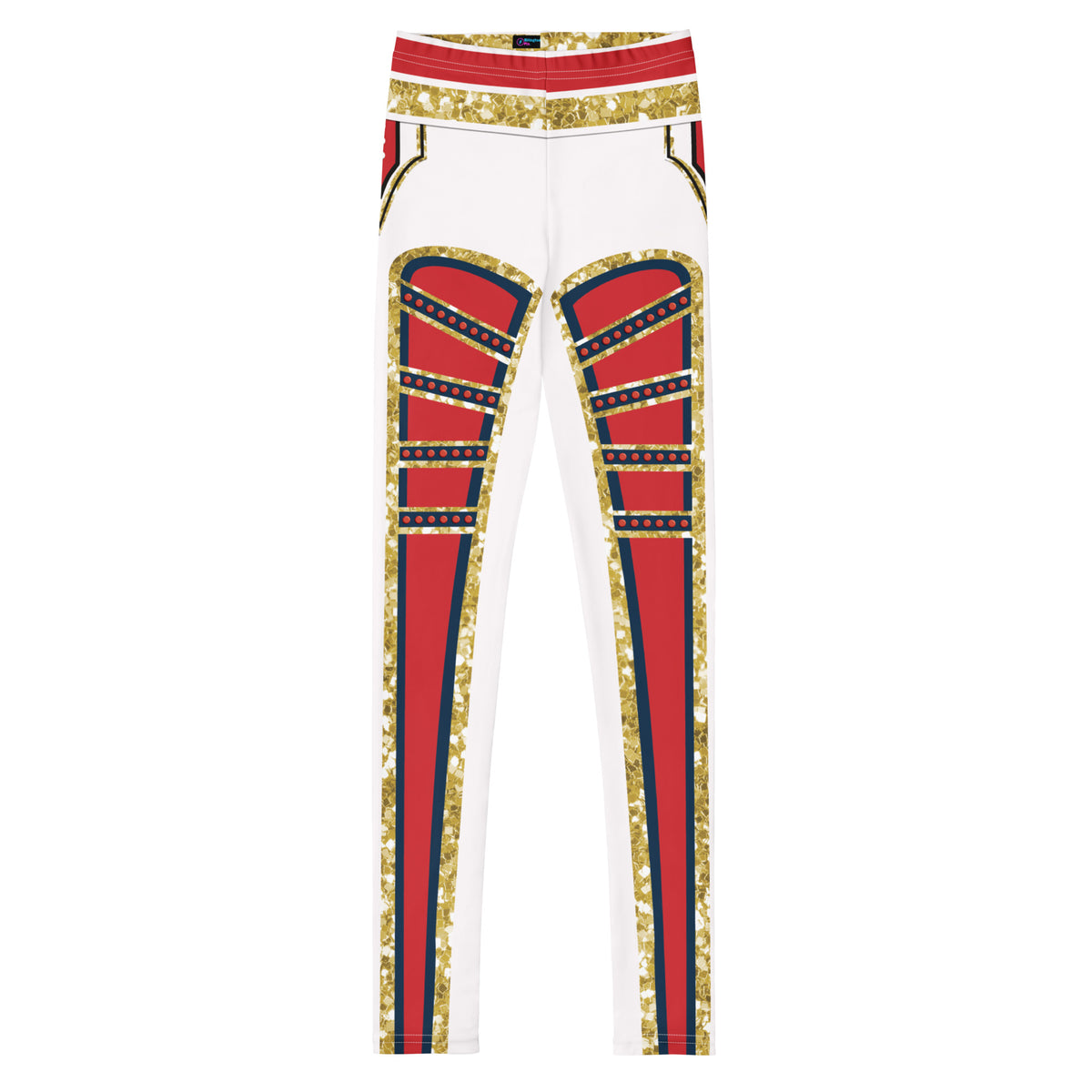 Youth White Circus wrestling leggings, front - red front panels with navy and gold trim