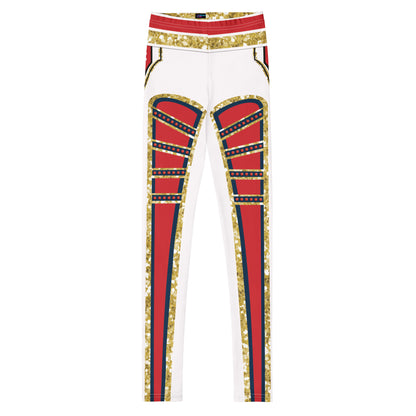 Youth White Circus wrestling leggings, front - red front panels with navy and gold trim