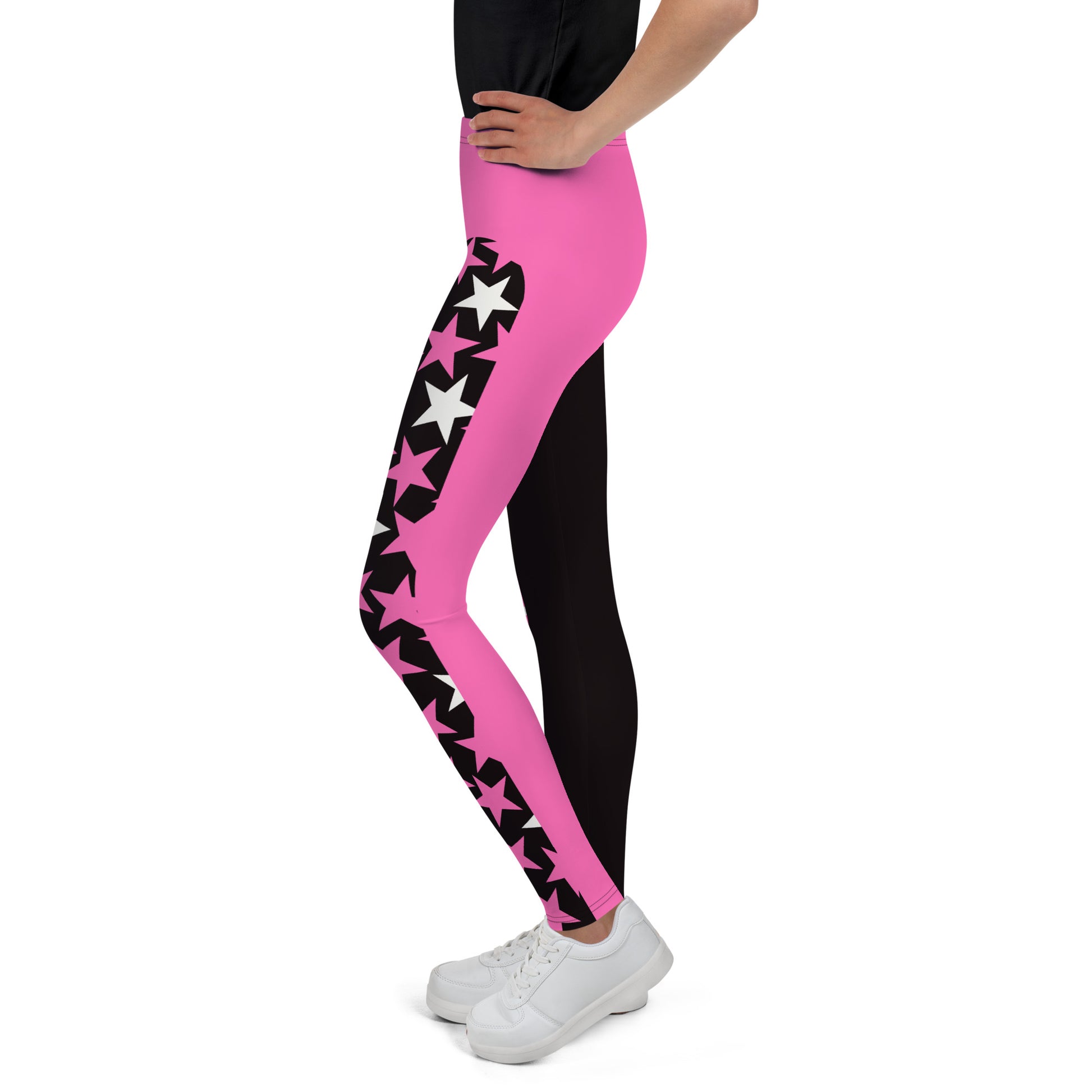 Youth and teen leggings in hot pink and black with matching stars. Pro wrestling tights for teenagers and dancers. BJJ spats for kids in retro 80s style.