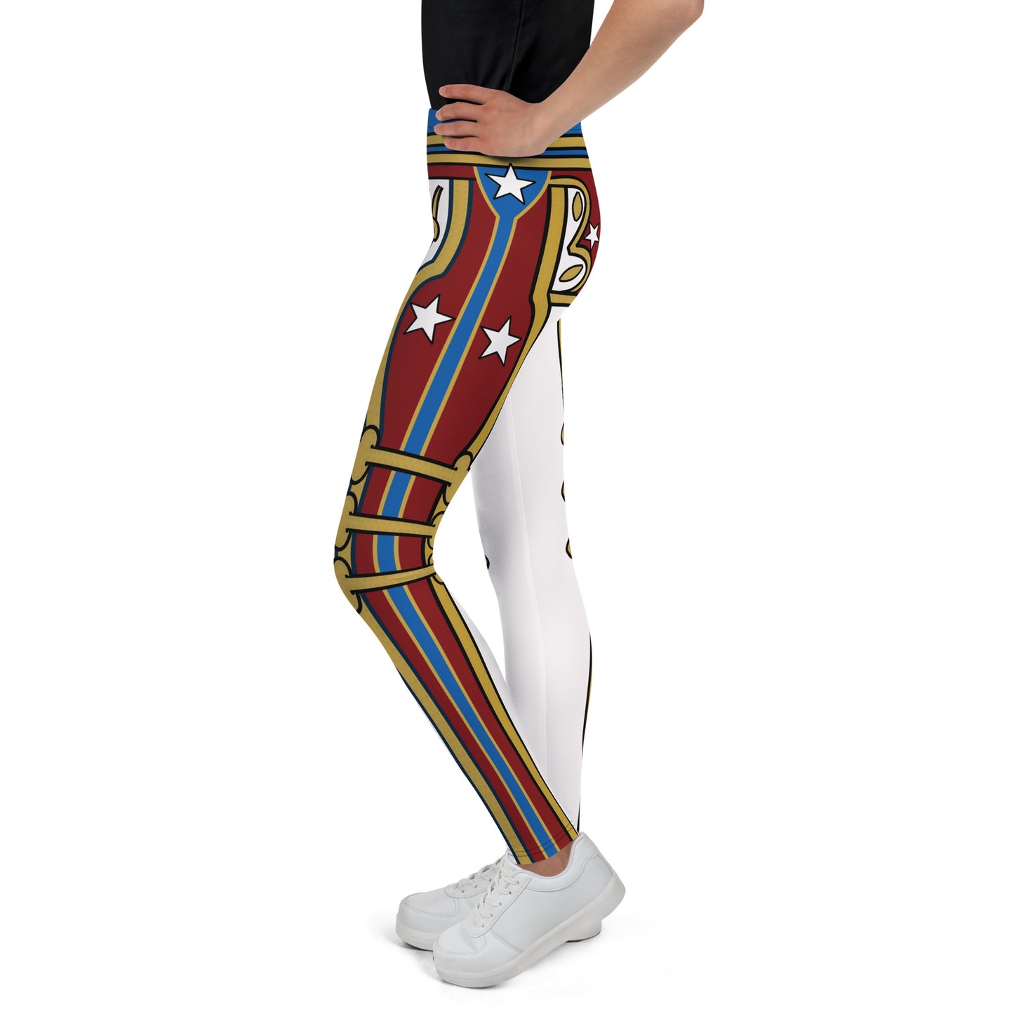 Fun American pro wrestling inspired leggings for youth and teenager in white with red and gold military design. mid-rise elasticated waistband and ankle length legs. Gender neutral fit.