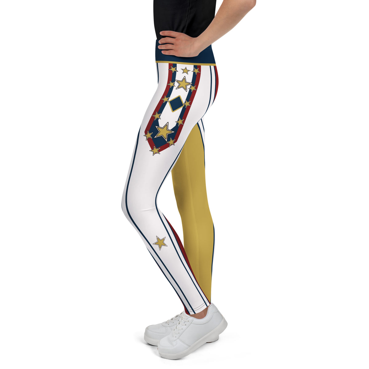 Side view of the Drum Major youth leggings showing the navy diamond and gold star hip panel