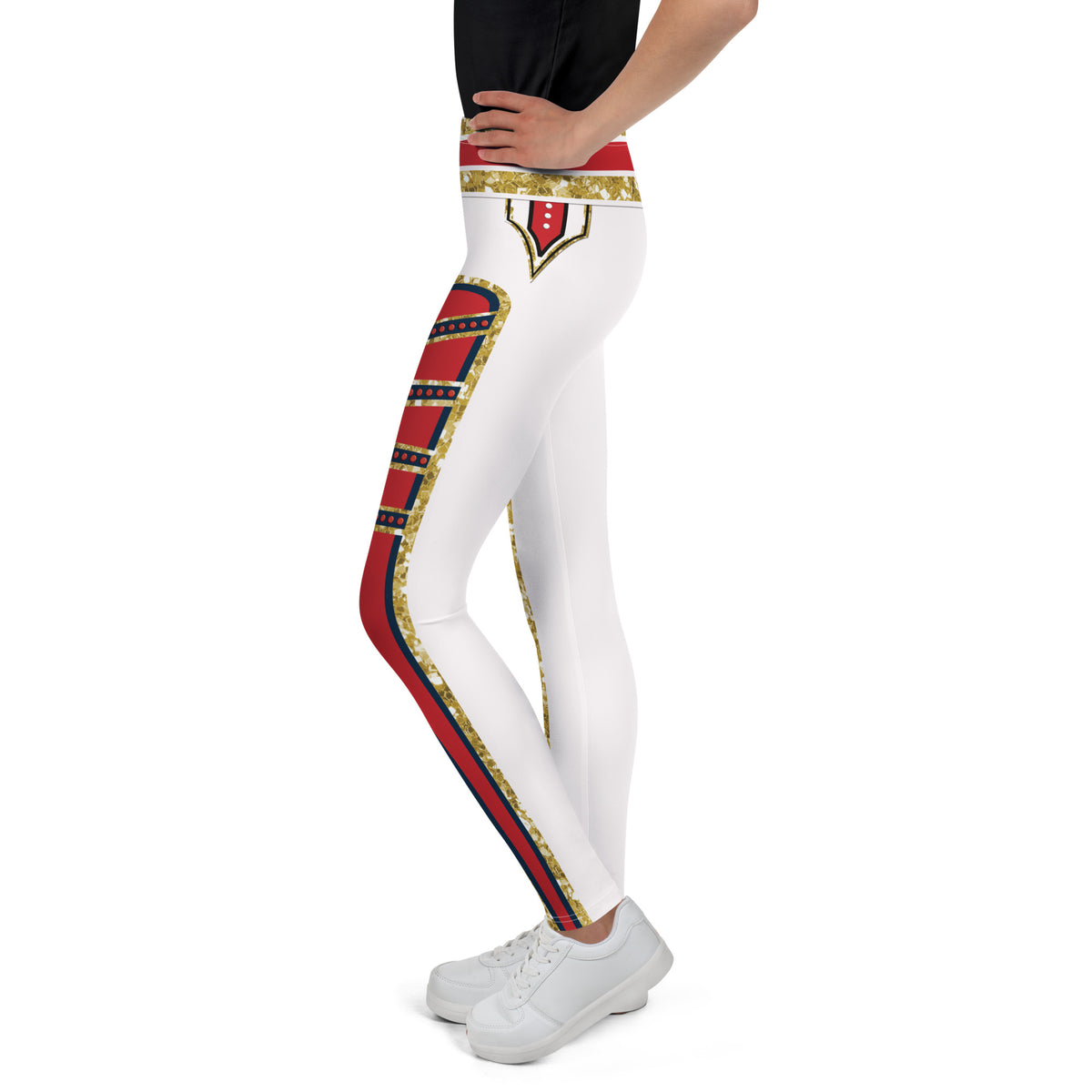 Youth White Circus wrestling leggings, left side, worn