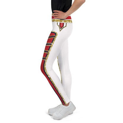 Youth White Circus wrestling leggings, left side, worn