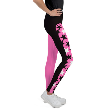 Youth and teen leggings in hot pink and black with matching stars. Pro wrestling tights for teenagers and dancers. BJJ spats for kids in retro 80s style.