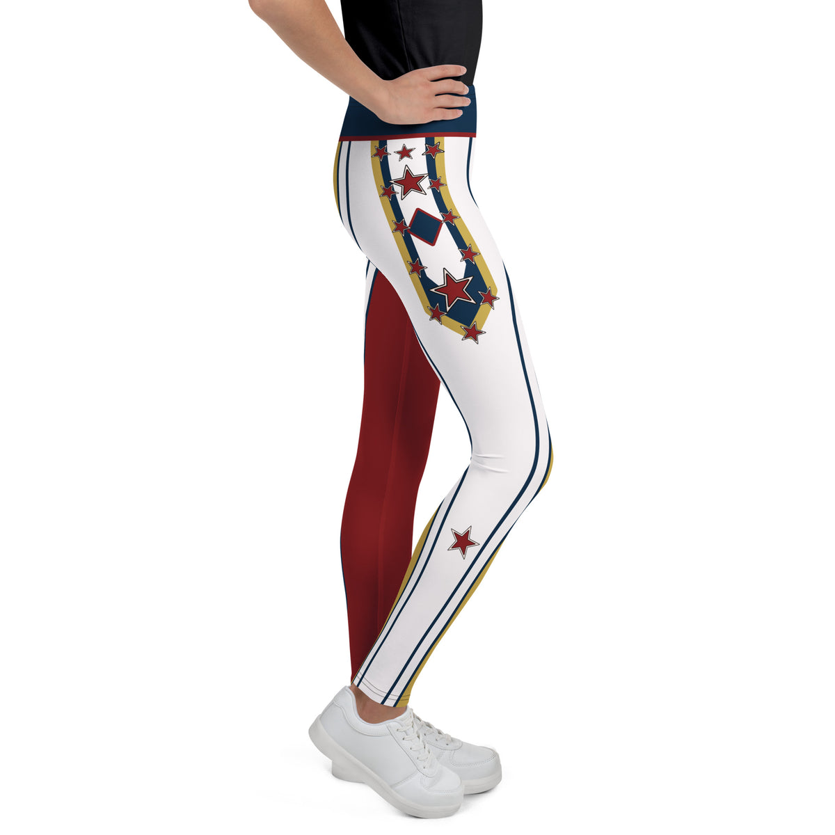 Other side of the Drum Major youth leggings with the crimson leg and red star at the ankle