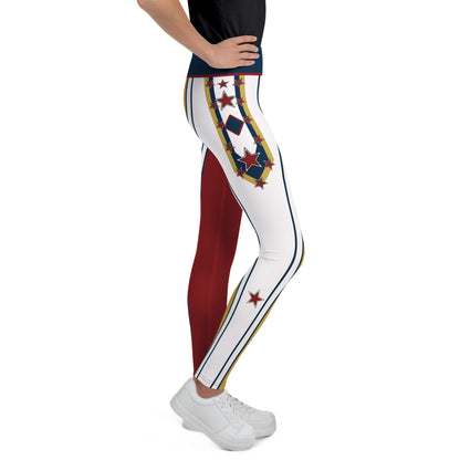 Other side of the Drum Major youth leggings with the crimson leg and red star at the ankle