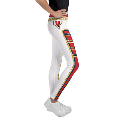 Youth White Circus wrestling leggings, right side, worn