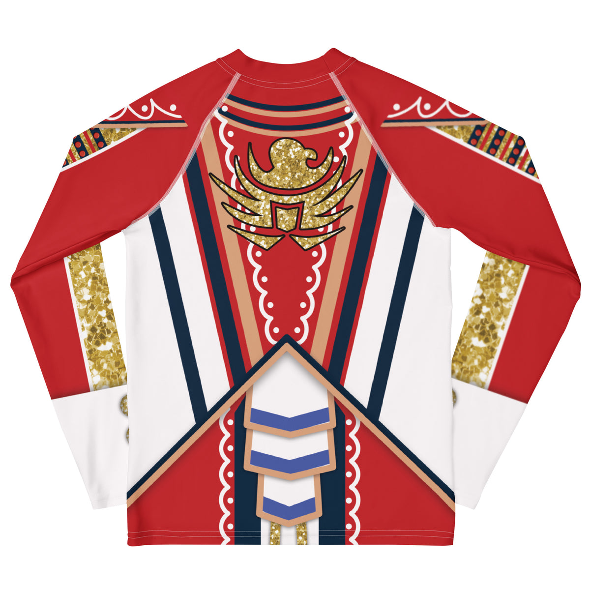 Youth White Circus wrestling rash guard, back - gold eagle emblem and navy chevron