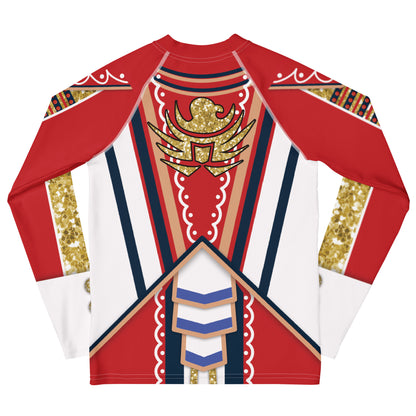 Youth White Circus wrestling rash guard, back - gold eagle emblem and navy chevron