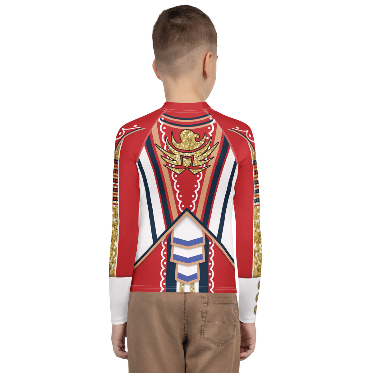 Youth White Circus wrestling rash guard, back, worn