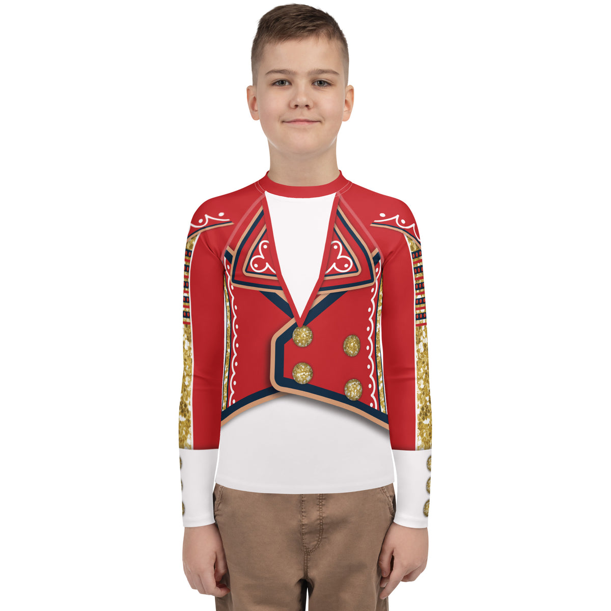 Youth White Circus wrestling rash guard in red, gold and white, front, worn - BillingtonPix
