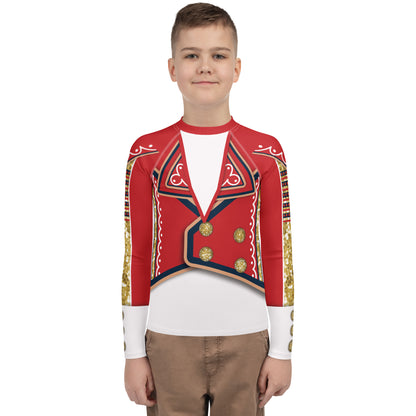 Youth White Circus wrestling rash guard in red, gold and white, front, worn - BillingtonPix