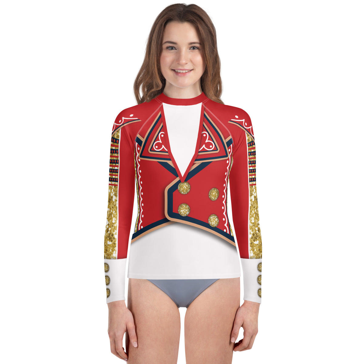 Youth White Circus wrestling rash guard, front - red jacket print, gold buttons and white shirt front