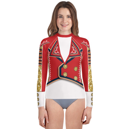 Youth White Circus wrestling rash guard, front - red jacket print, gold buttons and white shirt front