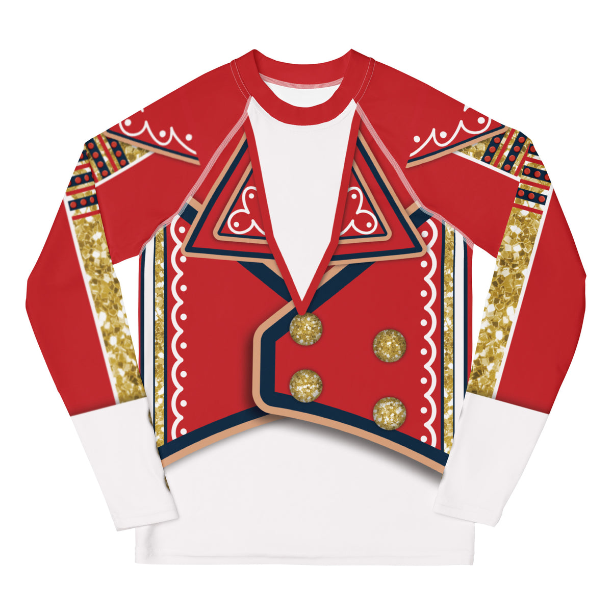 Youth White Circus wrestling rash guard, front, worn by an older child