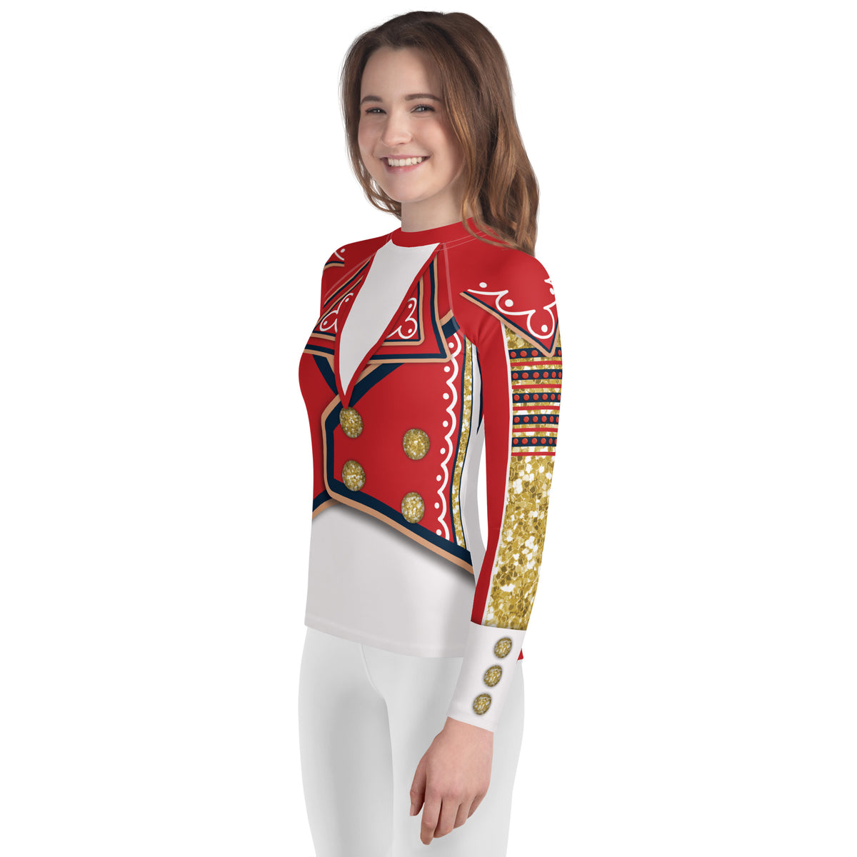 Youth White Circus wrestling rash guard, left side, worn
