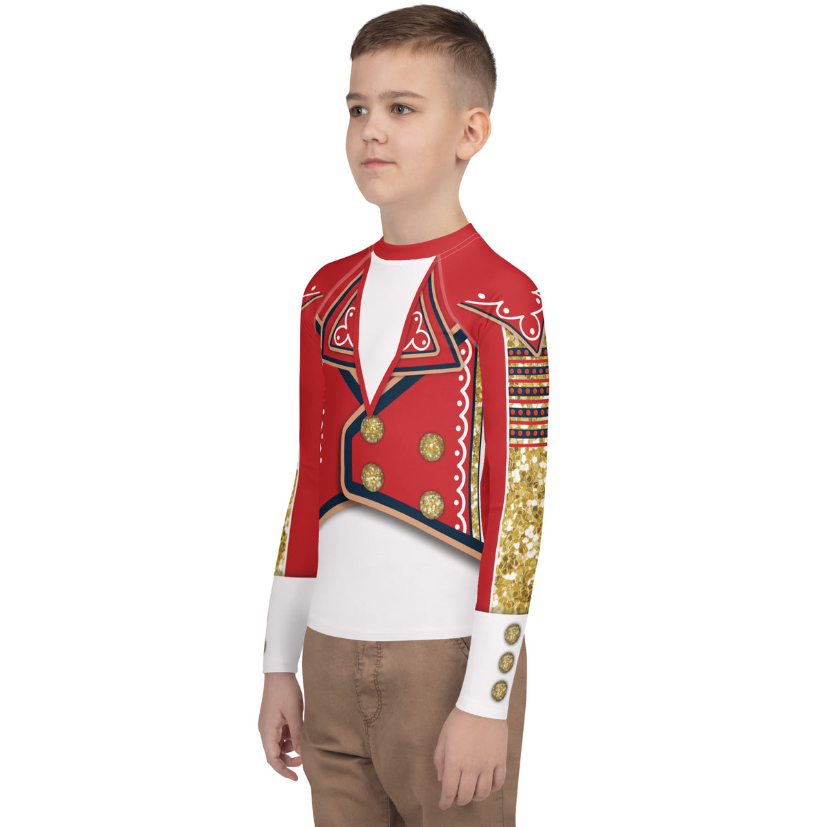 Youth White Circus wrestling rash guard, left side - gold glitter-effect sleeve panel