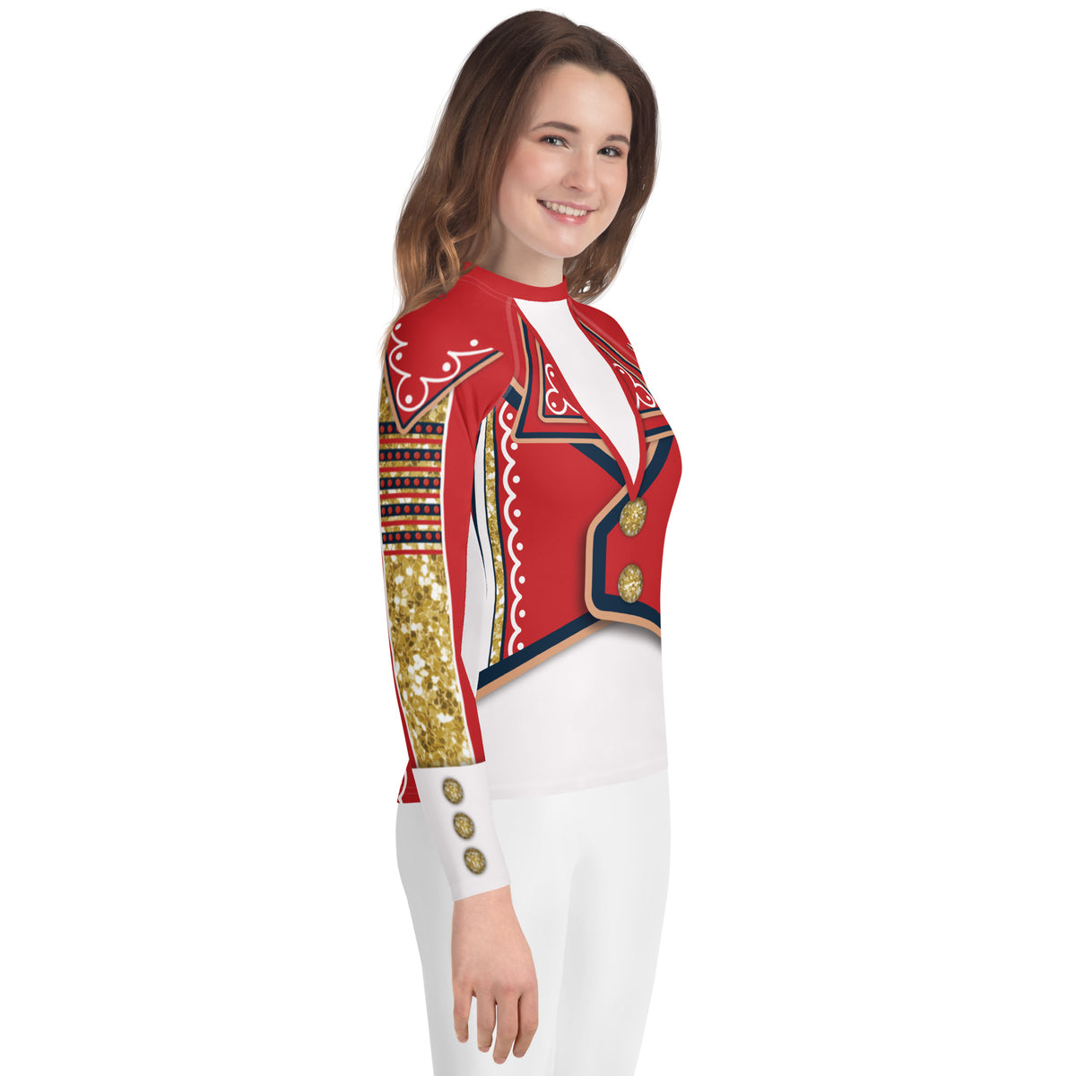 Youth White Circus wrestling rash guard, right side, worn