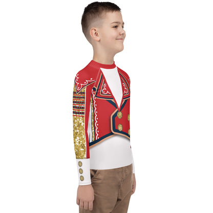 Youth White Circus wrestling rash guard, right side