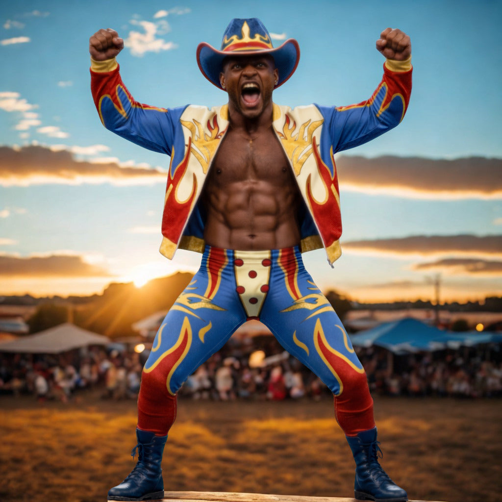 Person in patriotic wrestling outfit at Boomtown music festival with sunset background