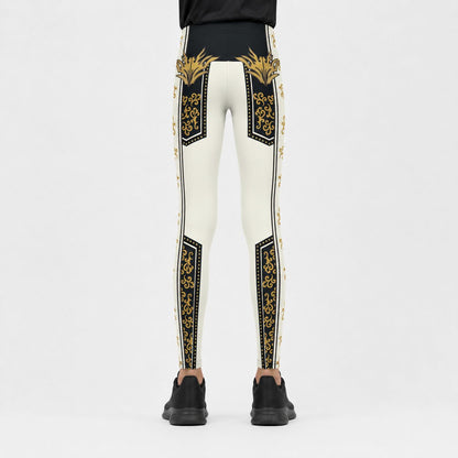 White leggings with black and gold ornate patterns down the sides and thighs, shown from the back on a model wearing black sneakers against a light gray background.