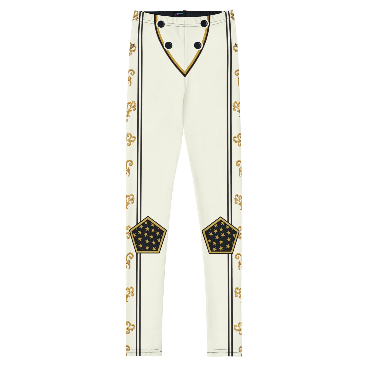Front view of pro wrestling cosplay gear for youths in American retro military style, gold and black detailing, buttons, knee pads, laid flat