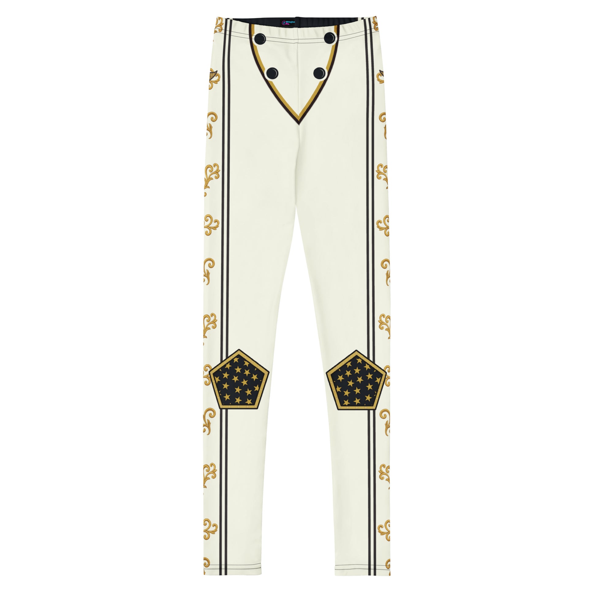 Front view of pro wrestling cosplay gear for youths in American retro military style, gold and black detailing, buttons, knee pads, laid flat