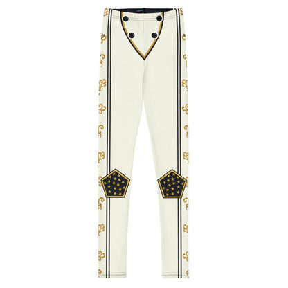 Front view of pro wrestling cosplay gear for youths in American retro military style, gold and black detailing, buttons, knee pads, laid flat