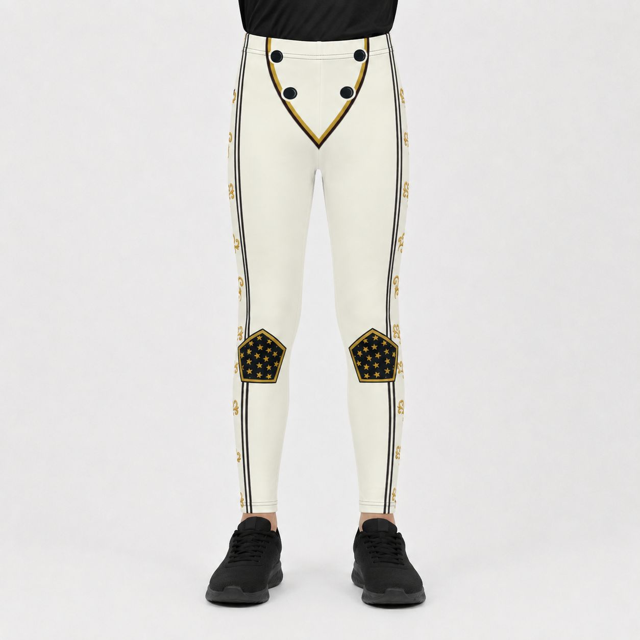 White leggings with black and gold retro military-style detailing, including a double-breasted front panel, side stripes, and pentagonal patches on the calves, modeled with black sneakers against a white studio background.