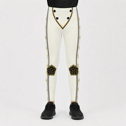 White leggings with black and gold retro military-style detailing, including a double-breasted front panel, side stripes, and pentagonal patches on the calves, modeled with black sneakers against a white studio background.