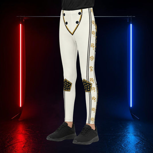 White cropped leggings with black and gold military-style trim, decorative gold motifs down the side, and black knee patches, shown on a model from the waist down against a dark studio backdrop with red and blue neon lights.