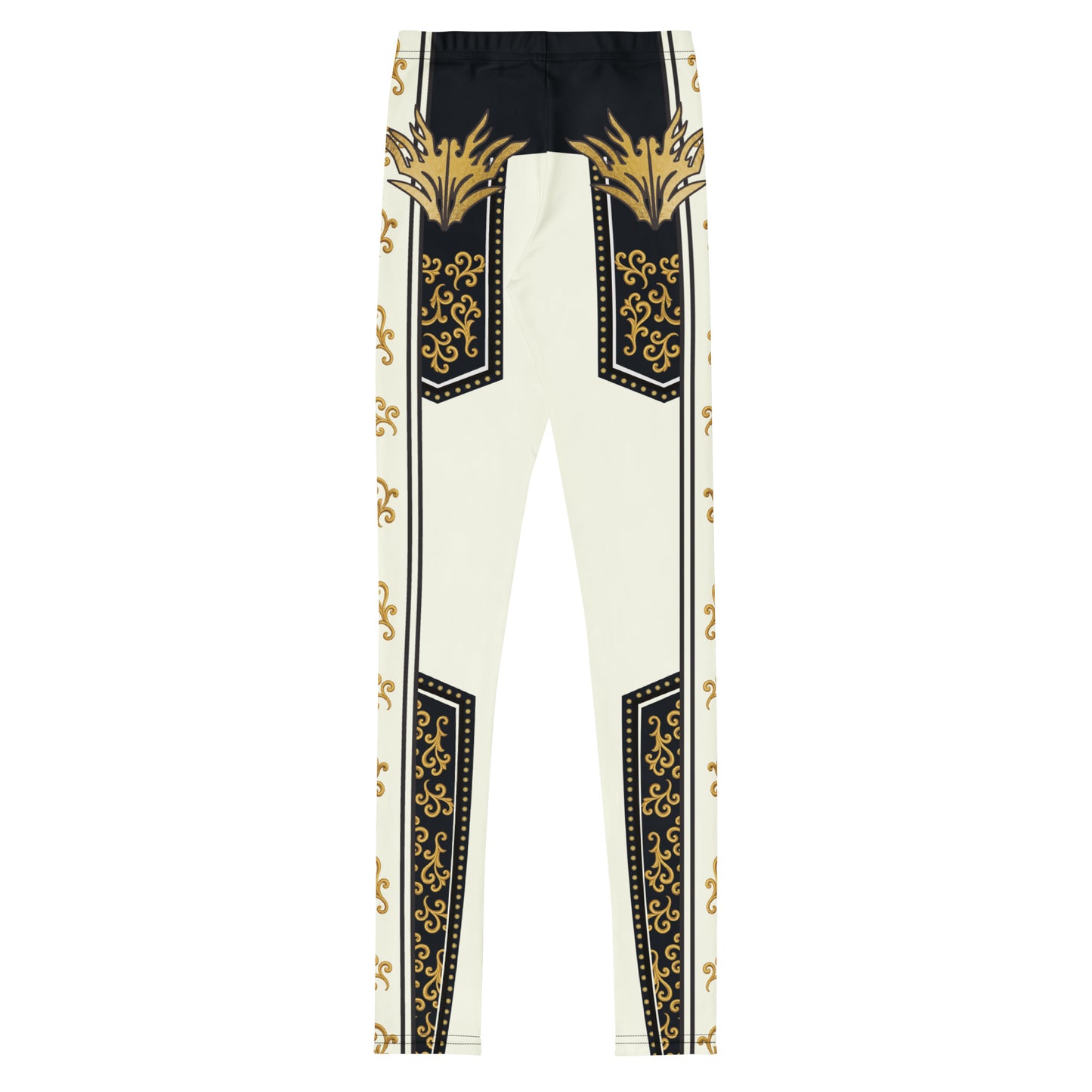 Rear view of pro wrestling cosplay gear for youths in American retro military style, gold and black detailing, laid flat