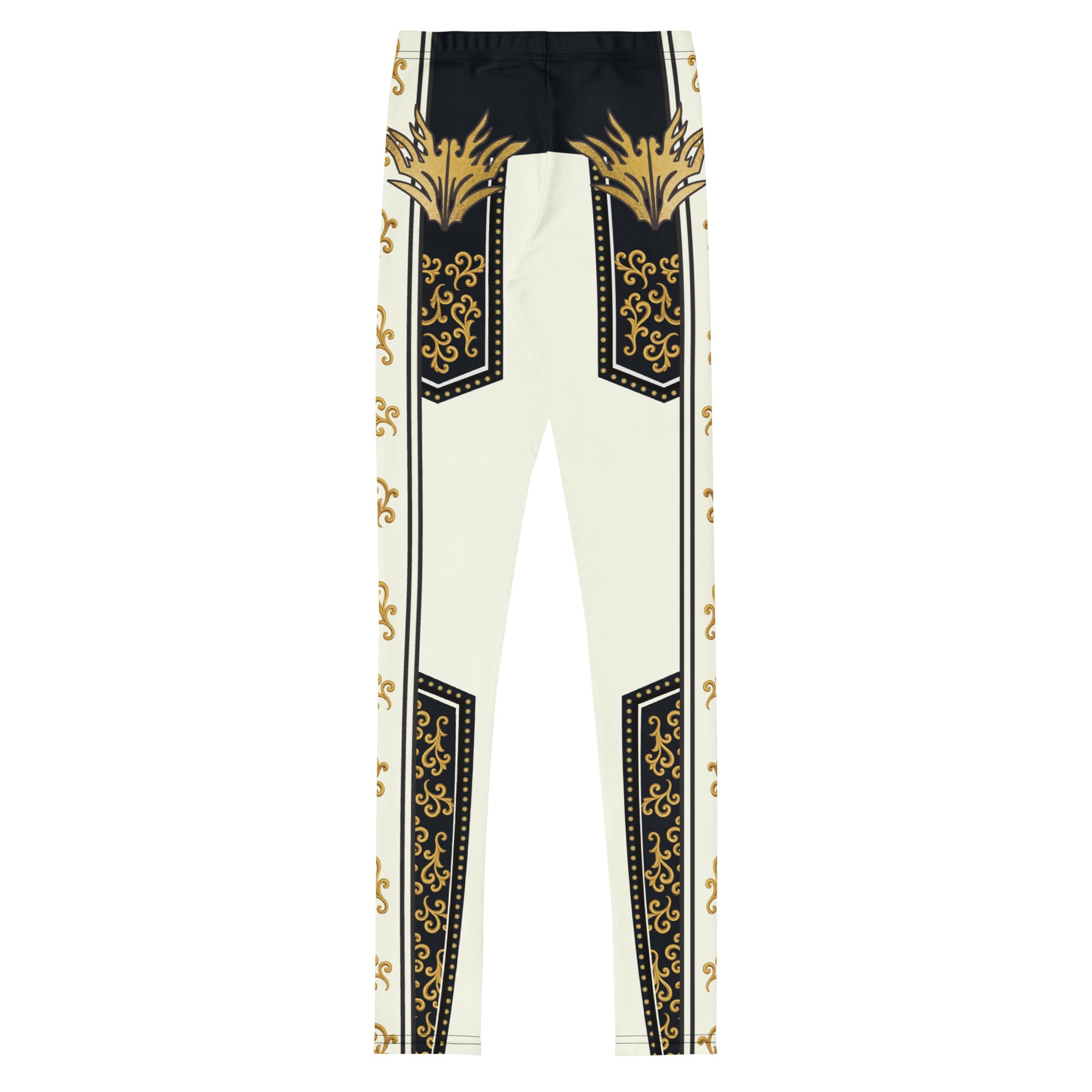 Rear view of pro wrestling cosplay gear for youths in American retro military style, gold and black detailing, laid flat