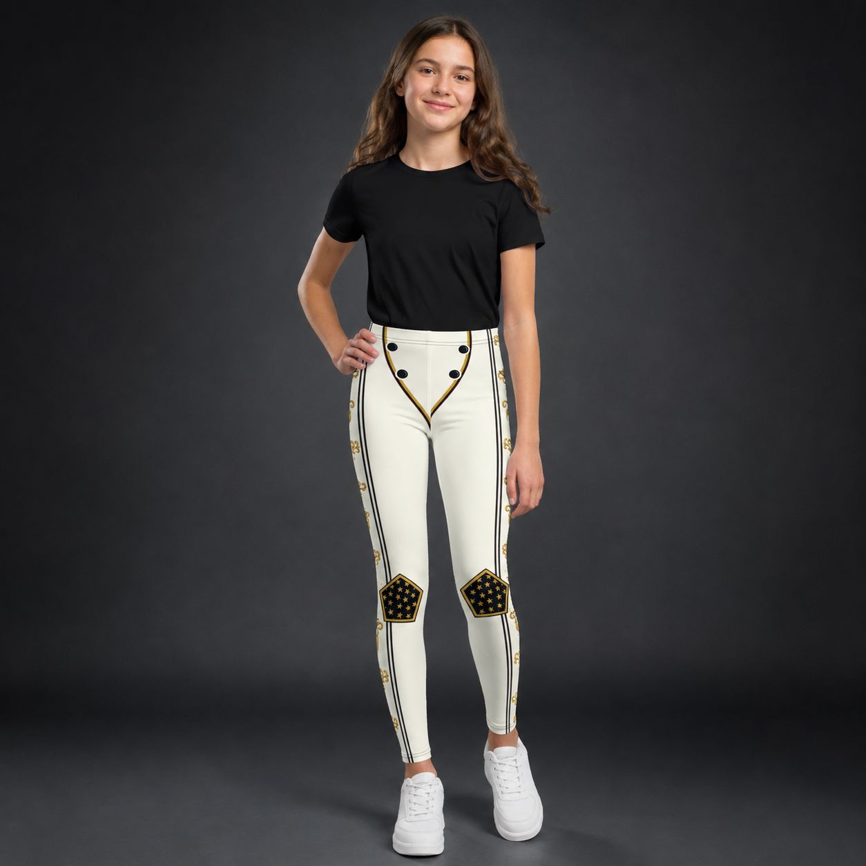 Teenage girl wearing ivory American retro military style cosplay wrestling tights with black and gold detailing.