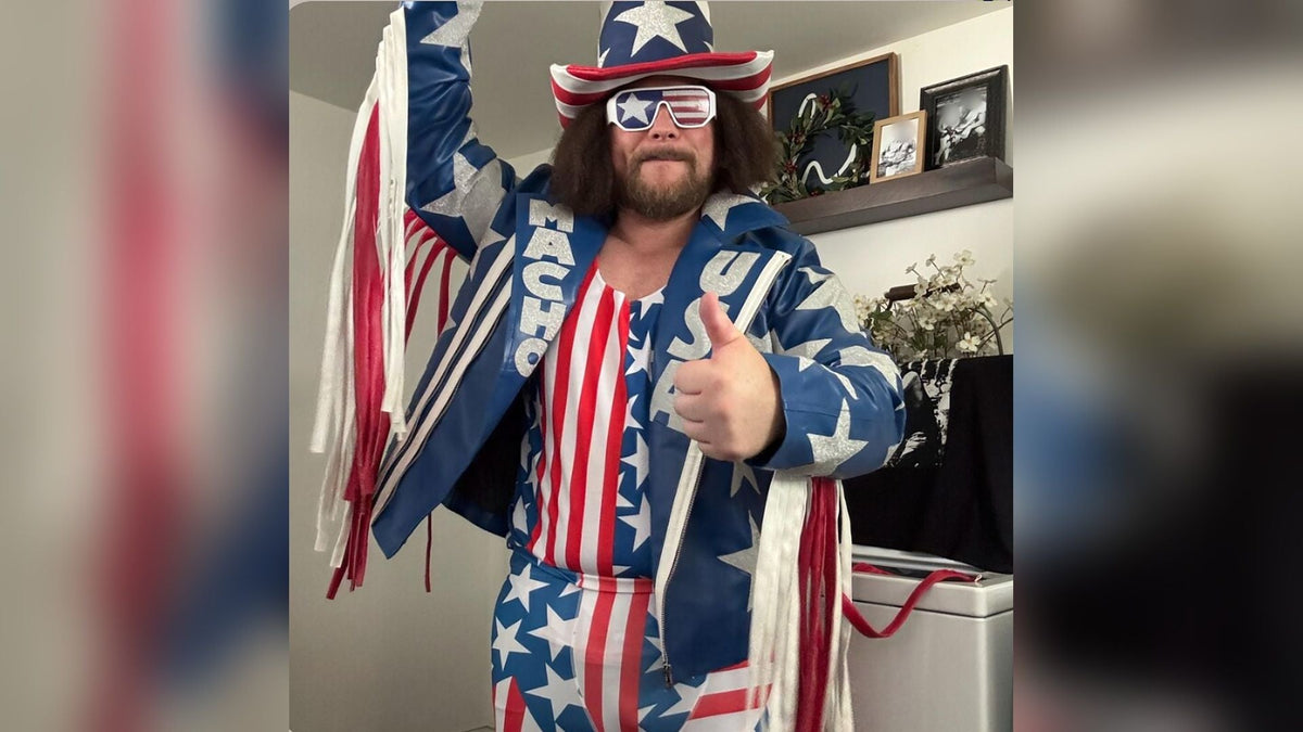 Customer wearing the Patriot tank top and leggings as an 80s American wrestling hero Halloween costume