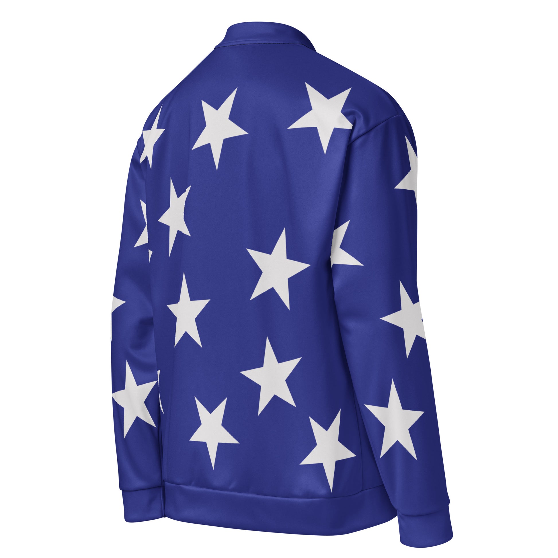 Blue bomber jacket with white stars pattern in a retro wrestling cosplay entrance jacket style