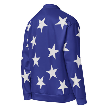 Blue bomber jacket with white stars pattern in a retro wrestling cosplay entrance jacket style